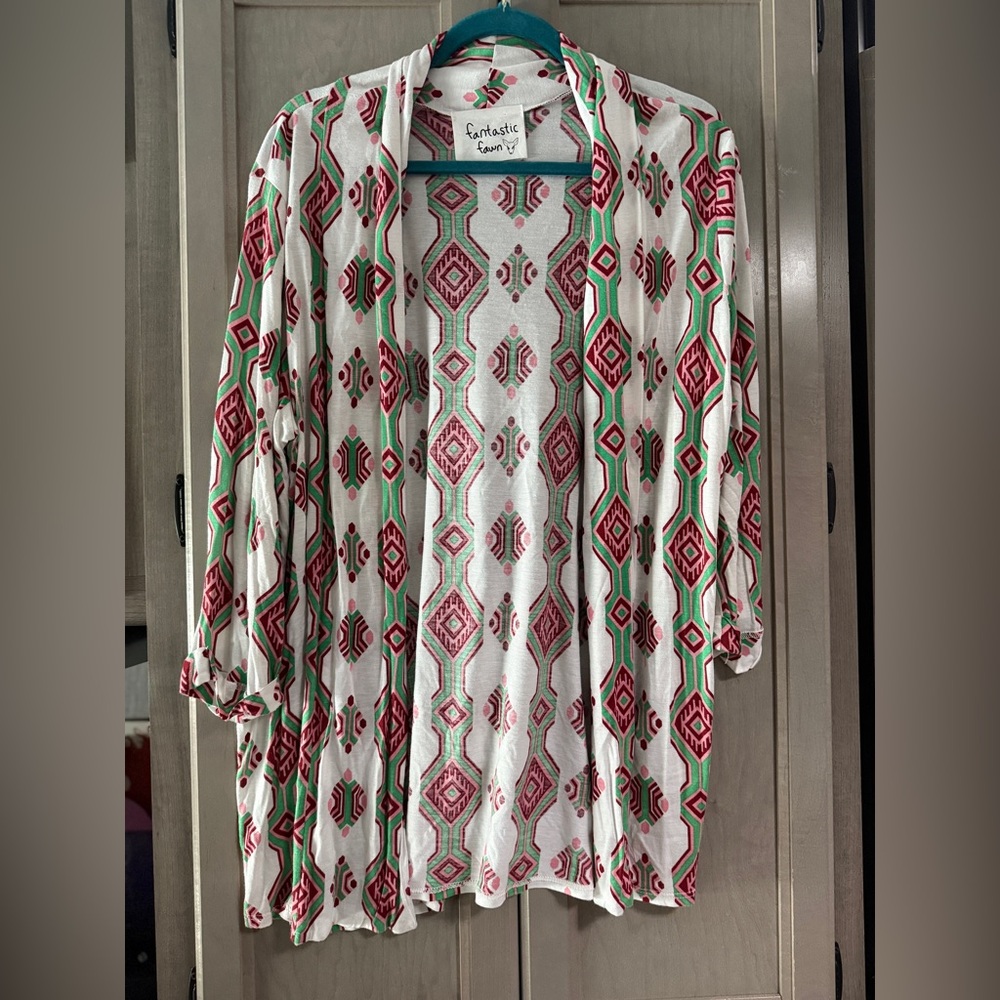 Fantastic Fawn size large white pink green cardigan in good used condition